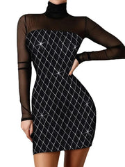 Women's Party Dress Bodycon Sheath Dress Mini Dress Black Long Sleeve Pure Color Shimmer Summer Spring Fall Stand Collar Fashion Office Wedding Guest Vacation