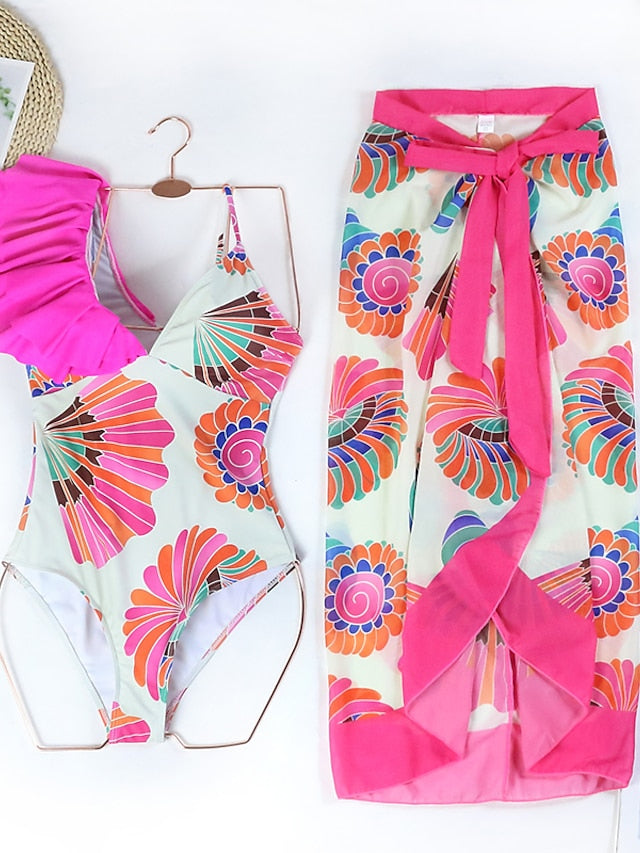 Women's Tankini Monokini Bathing Suit 2-Piece Ruffle Floral Print Padded Strap Pink Blue Retro