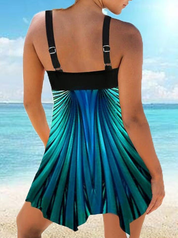 Women's Swimwear Swim Dress 2 Piece Plus Size Swimsuit 2 Piece Modest Swimwear Open Back Printing Stripes / Ripples Burgundy Navy Blue Blue Green Camisole Strap Bathing Suits New Vacation Fashion