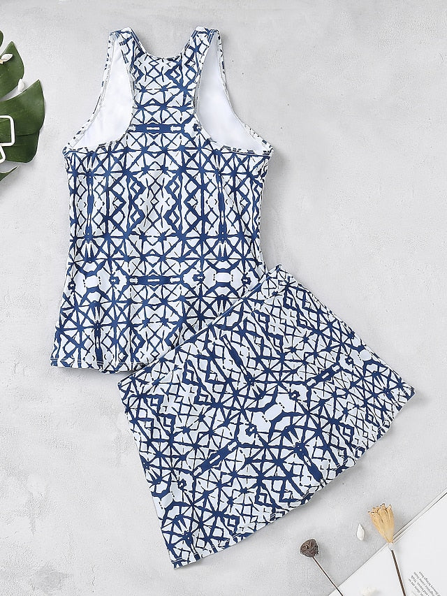 Women's Swimwear Tankini Swim Dress Normal Swimsuit 3-Piece Modest Swimwear Open Back Slim Printing Blue Scoop Neck Bathing Suits Sports Vacation Party