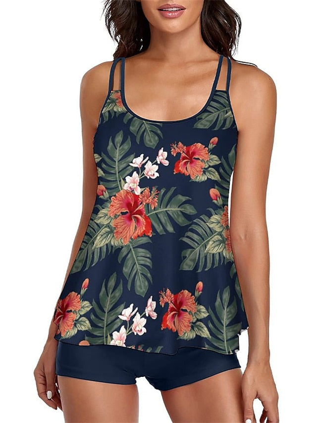 Women's Swimwear Tankini 2 Piece Normal Swimsuit 2 Piece Open Back Printing Floral Polka Dot Green White Black Blue Purple Padded Scoop Neck Bathing Suits New Vacation Holiday / Modern / Leaf / Strap