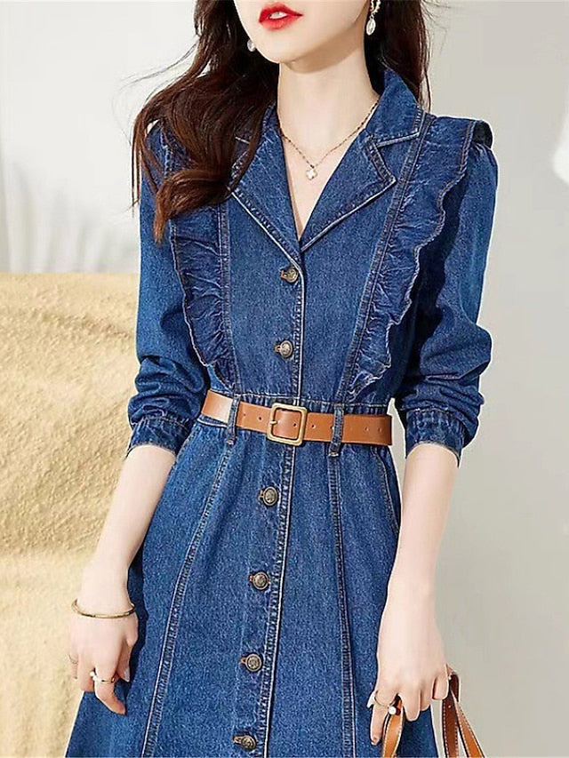 Women's Denim Midi Shirt Dress - Elegant Long Sleeve Ruffle Button for Office & Casual