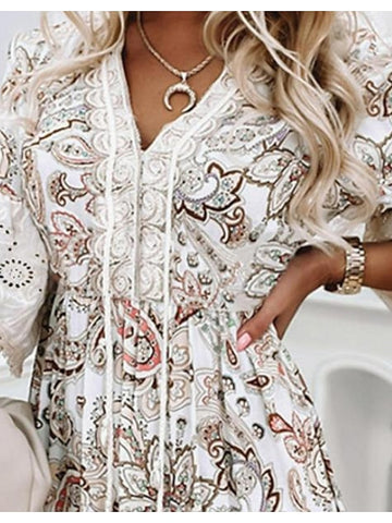 Women's Casual Dress Ethnic Dress Summer Dress Mini Dress White 3/4 Length Sleeve Floral Lace Summer Spring V Neck Fashion Vacation Loose Fit