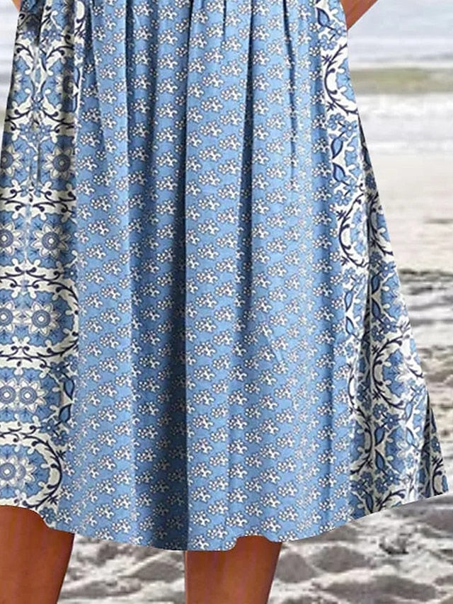 Women's Casual Dress Ethnic Dress Summer Dress Tribal Pocket Print Crew Neck Midi Dress Vintage Ethnic Outdoor Date Short Sleeve Regular Fit Blue Summer Spring