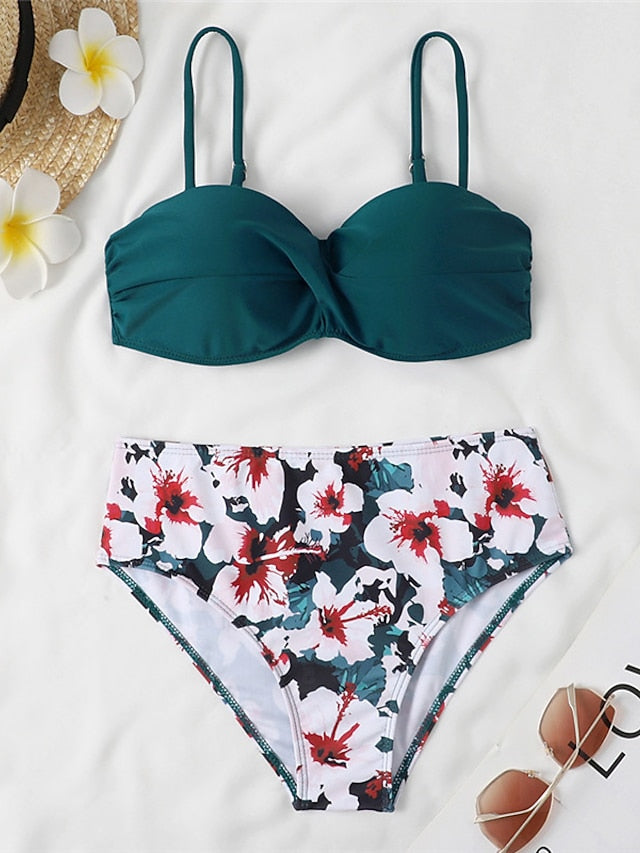 Women's Swimwear Bikini 2 Piece Normal Swimsuit Open Back Printing Floral Leaves Green Black Blue Yellow Royal Blue Strap Bathing Suits Sexy Vacation Fashion / Modern / New / Padded Bras