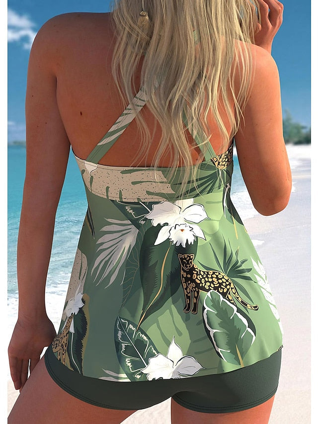 Women's Swimwear Tankini 2 Piece Plus Size Swimsuit Halter 2 Piece Printing Floral Gradient Color Black Pink Green Tank Top Bathing Suits Sports Beach Wear Summer