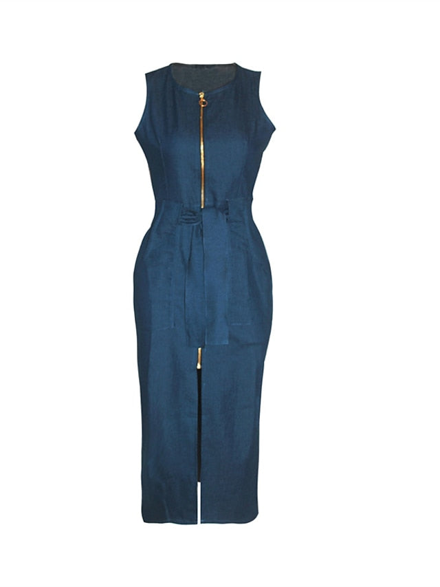 Sleeveless Women's Denim Maxi Dress - Lace-Up Bodycon for Casual & Vacation