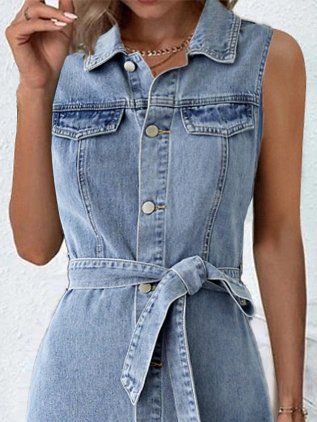 Women's Sleeveless Denim Midi Shirt Dress with Lace-Up Detail for Summer