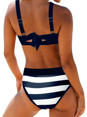 Women's Swimwear Bikini Plus Size Swimsuit Halter 2 Piece Printing Striped Blue Bandeau Bathing Suits Sports Summer
