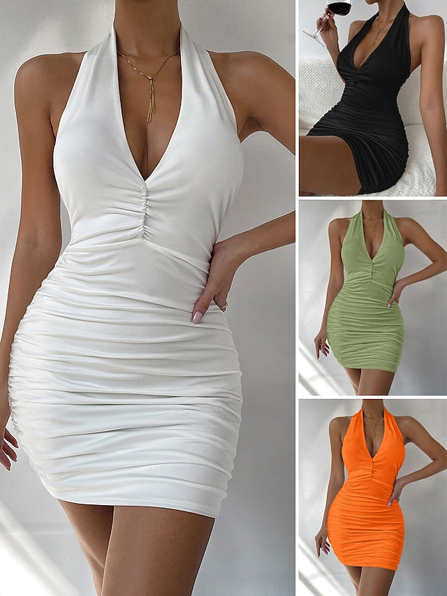 Women's Party Dress Bodycon Sheath Dress Mini Dress Black White Light Green Sleeveless Pure Color Ruched Winter Fall Spring Halter Fashion Party Date Vacation Slim