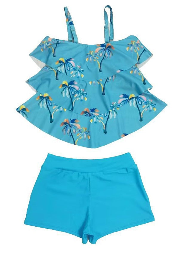 Women's Swimwear Tankini 2 Piece Normal Swimsuit 2 Piece Layered Printing Palm Tree Black White Blue Rainbow Tank Top Bathing Suits Sports Beach Wear Summer