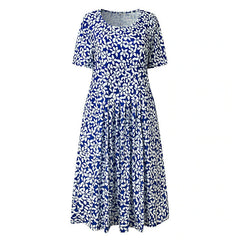 Women's Casual Dress Midi Dress Blue Short Sleeve Floral Ruched Spring Summer Crew Neck Basic Print Dresses