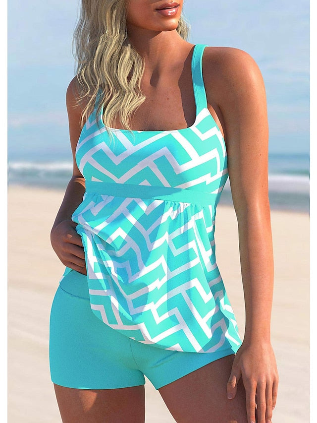 Women's Swimwear Tankini 2 Piece Normal Swimsuit 2 Piece Printing Lines / Waves Blue Orange Tank Top Bathing Suits Sports Beach Wear Summer