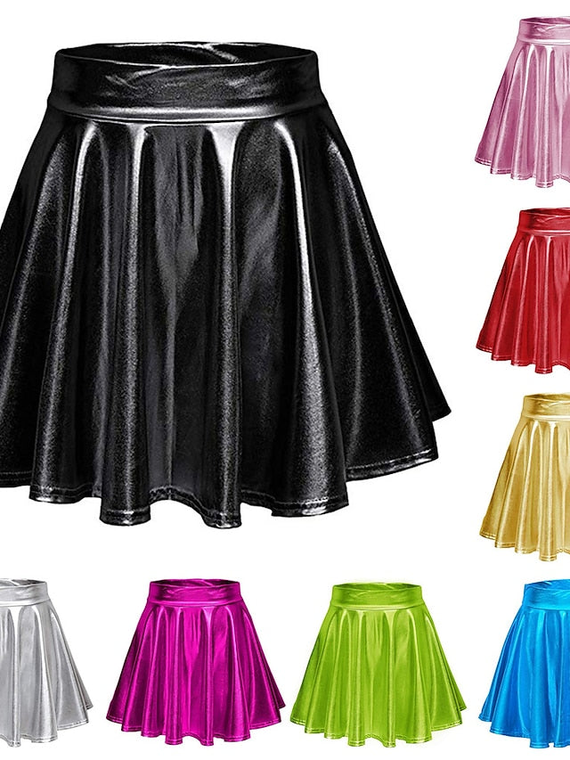 Women's Skirt Swing PU Artificial Leather Silver Pink Laser blue Black Skirts Summer Shiny Metallic Without Lining Chic & Modern Punk & Gothic Carnival Costumes Ladies Halloween Party , Evening