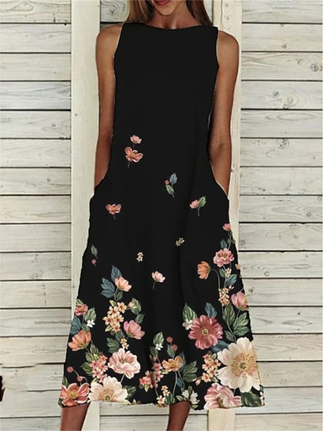 Women's Casual Dress Tank Dress Print Dress Floral Pocket Print Crew Neck Midi Dress Active Fashion Outdoor Vacation Sleeveless Loose Fit Black White Pink Spring Summer