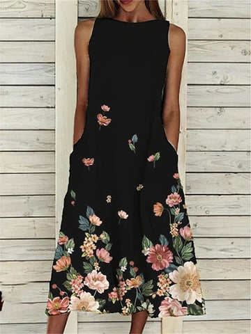 Women's Casual Dress Tank Dress Print Dress Floral Pocket Print Crew Neck Midi Dress Active Fashion Outdoor Vacation Sleeveless Loose Fit Black White Pink Spring Summer