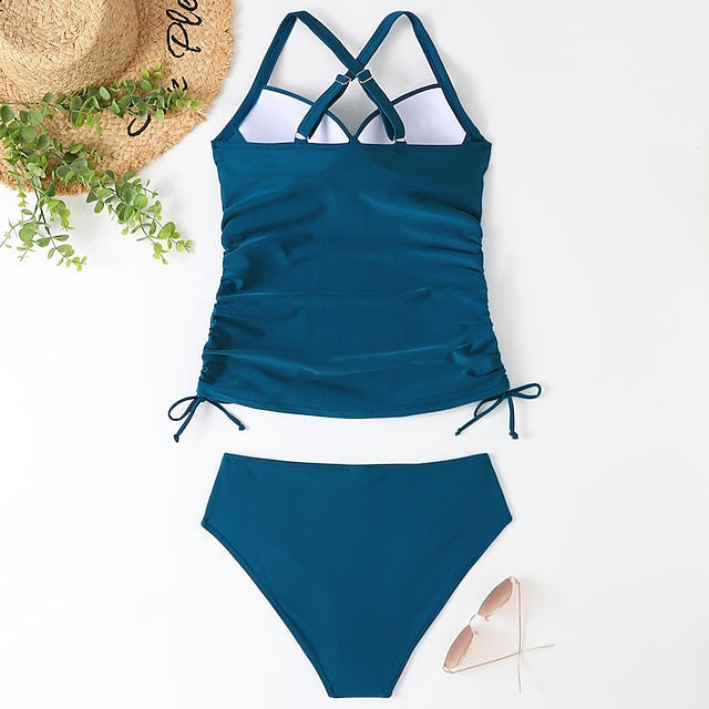 Women's Swimwear Tankini 2 Piece Normal Swimsuit 2 Piece Tummy Control Solid Color Leopard Print Black Army Green Navy Blue Blue Tank Top Bathing Suits Sports Summer