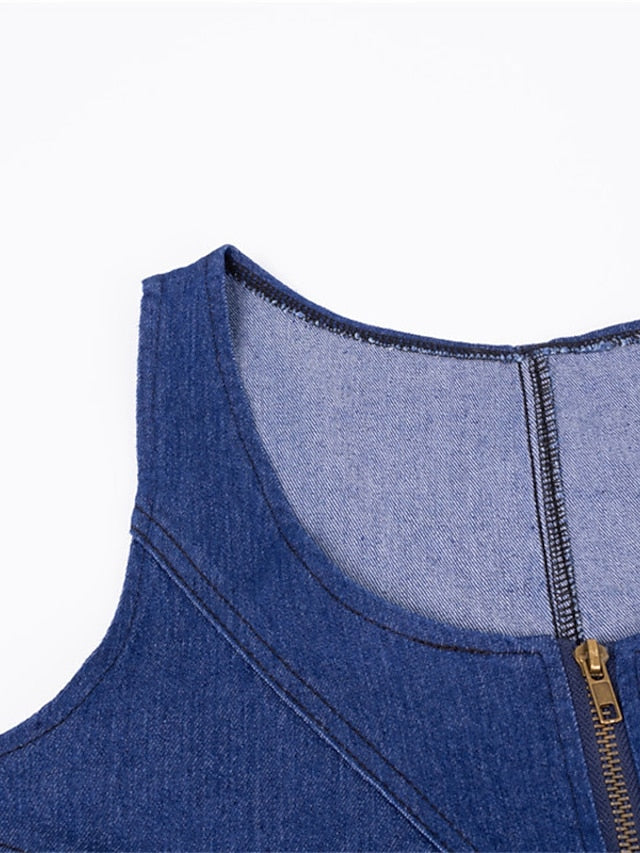 Women's Midi Denim Dress - Sleeveless U-Neck with Zipper for Summer & Spring