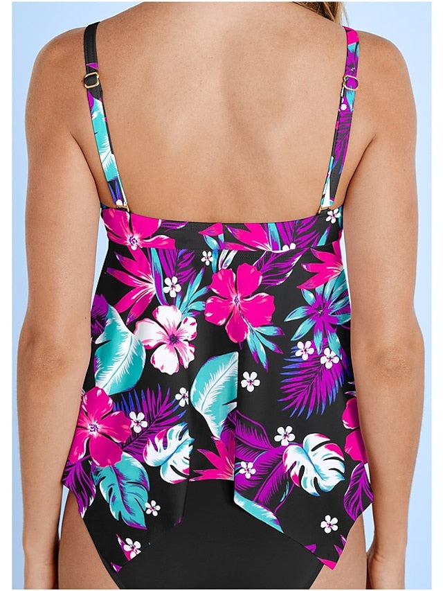 Women's Swimwear Tankini Beach Top Normal Swimsuit Modest Swimwear Hollow Out Tie Knot Open Back Print Floral Color Block Purple Blouse T shirt Tee Strap Bathing Suits New Party Vacation / Sexy