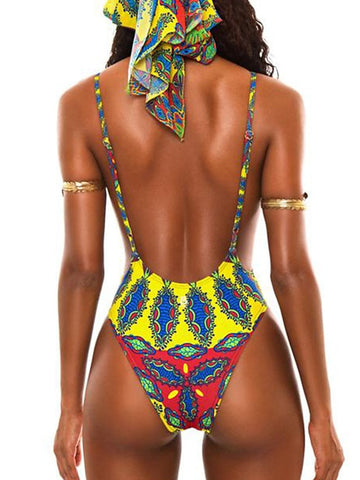 Women's Swimwear One Piece Monokini Bathing Suits Normal Swimsuit Tummy Control Open Back Printing High Waisted Geometric Abstract Blue Yellow Rosy Pink Royal Blue Navy Blue Scoop Neck Bathing Suits