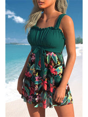 Women's Swimwear Swimdresses Plus Size Swimsuit 2 Piece Printing Floral Black Yellow Pink Dark Green Purple Bathing Suits Sports Beach Wear Summer