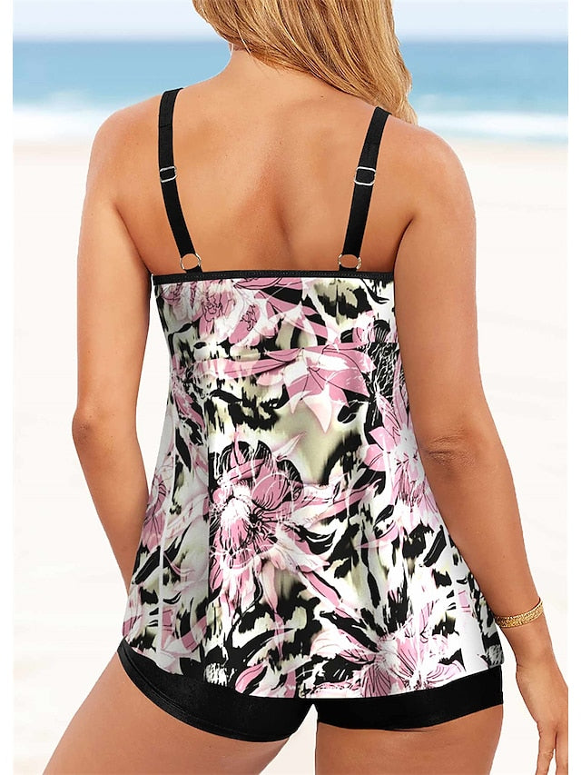 Women's Swimwear Tankini 2 Piece Plus Size Swimsuit 2 Piece Printing Striped Floral Black Pink Blue Dark Gray Gray Tank Top High Neck Bathing Suits Sports Summer
