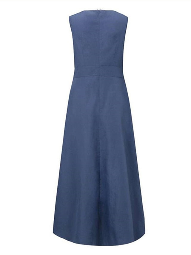Sleeveless Women's Maxi Denim Dress with Pockets for Summer