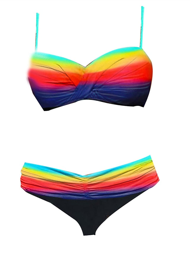 Women's Swimwear Bikini 2 Piece Normal Swimsuit Backless Printing High Waisted string fold over Houndstooth Stripe Green Yellow Rainbow Red Strap Bathing Suits New Vacation Sexy / Modern