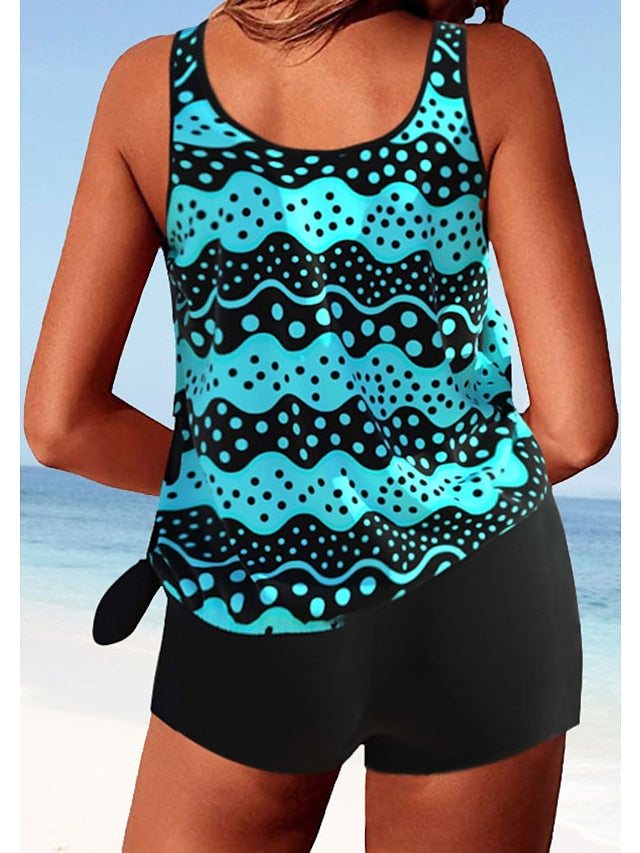 Women's Swimwear Tankini 2 Piece Normal Swimsuit 2 Piece Modest Swimwear Floral Print Leaves Floral Black Blue Green Padded High Neck Bathing Suits Sports Vacation Beach Wear