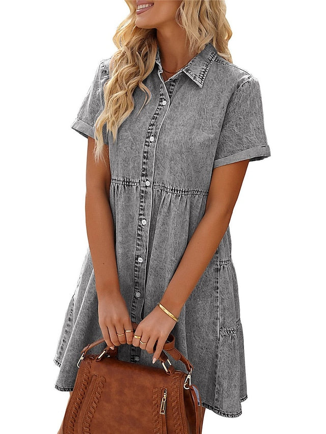 Women's Denim Shift Dress - Casual Mini Shirt Dress with Pockets, Short Sleeve