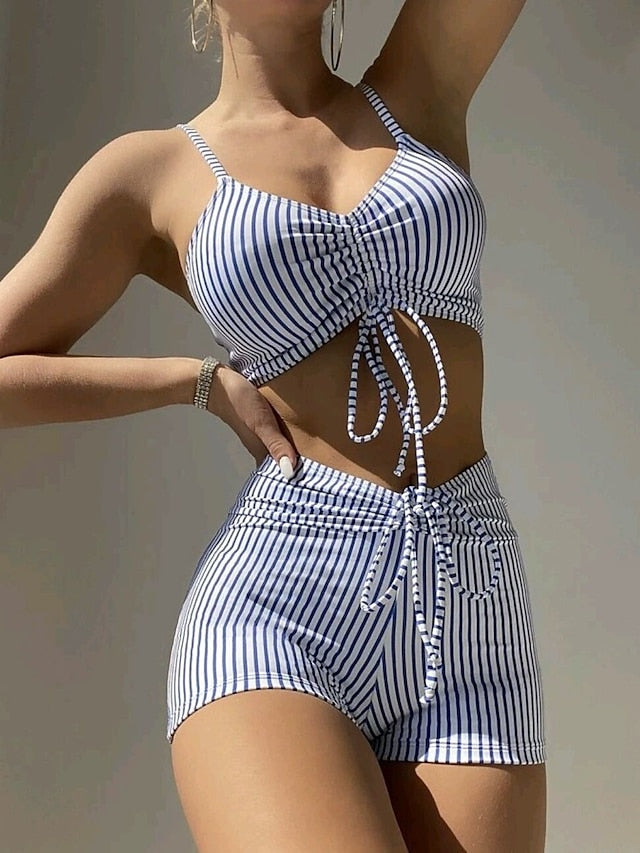 Women's Swimwear Bikini Normal Swimsuit Drawstring 2 Piece Printing Striped Black Blue Bathing Suits Sports Beach Wear Summer