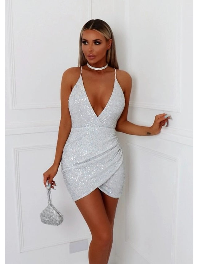 Women‘s Party Dress Sequin Dress Holiday Dress Mini Dress Silver Sleeveless Pure Color Sequins Spring Summer V Neck Stylish Party Birthday Date Slim