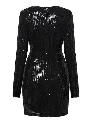 Women‘s Formal Party Dress Sequin Dress Holiday Dress Mini Dress Black Gold Long Sleeve Pure Color Sequins Winter Fall Spring V Neck Fashion Winter Dress Birthday