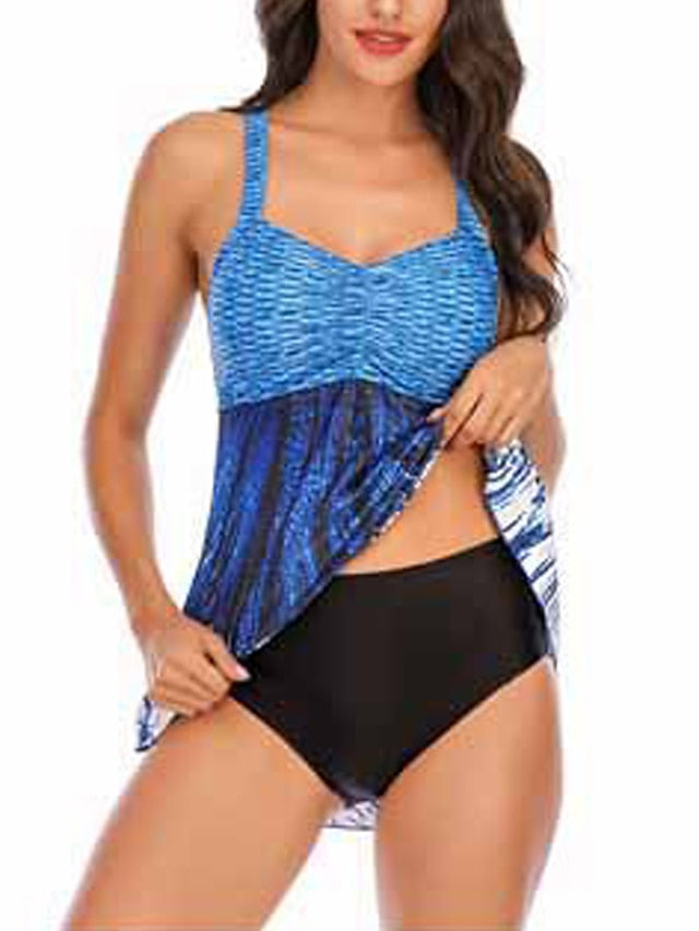Women's Swimwear Tankini 2 Piece Plus Size Swimsuit Modest Swimwear Open Back for Big Busts Print Color Block Green Blue Strap Bathing Suits New Vacation Fashion / Modern / Padded Bras