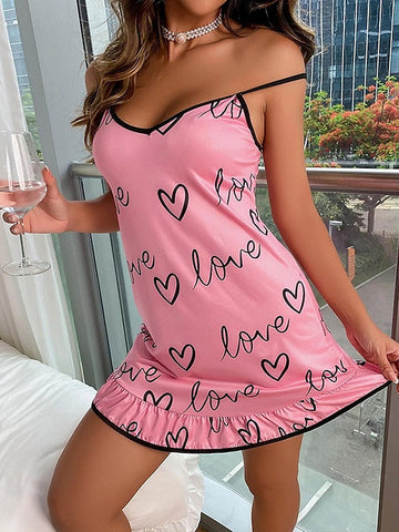 Women's Shift Dress Slip Dress Mini Dress Sexy Cozy Backless Print Heart Strap Home Lounge Pink