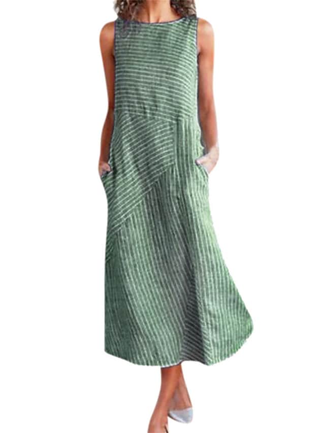Women's Casual Dress Shift Dress Tank Dress Stripe Pocket Print Crew Neck Midi Dress Active Fashion Outdoor Daily Sleeveless Loose Fit Black Green Khaki Spring Summer