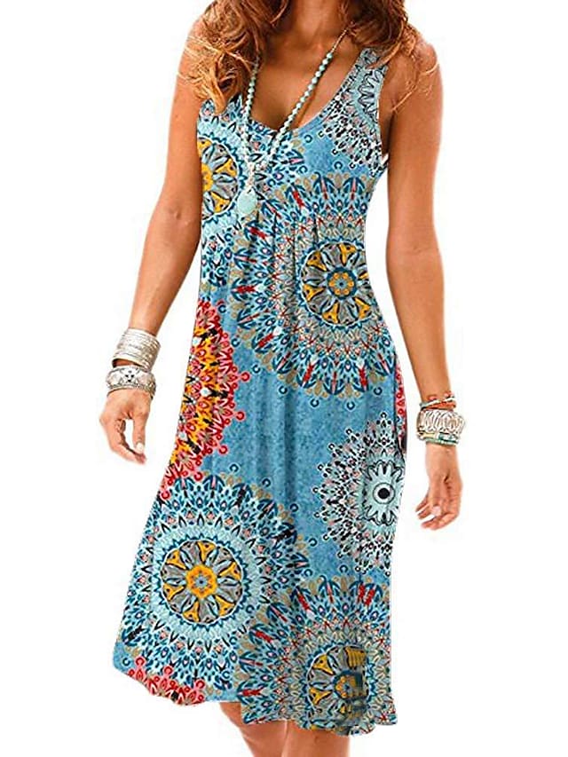 Women‘s Sleeveless Print Lily Element U Neck Casual Holiday Dresses