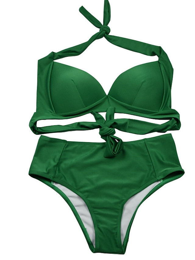 Women's Swimwear Bikini 2 Piece Normal Swimsuit Open Back High Waisted Pure Color Green Black Light Green Khaki Red Halter V Wire Bathing Suits New Vacation Fashion / Sexy / Modern