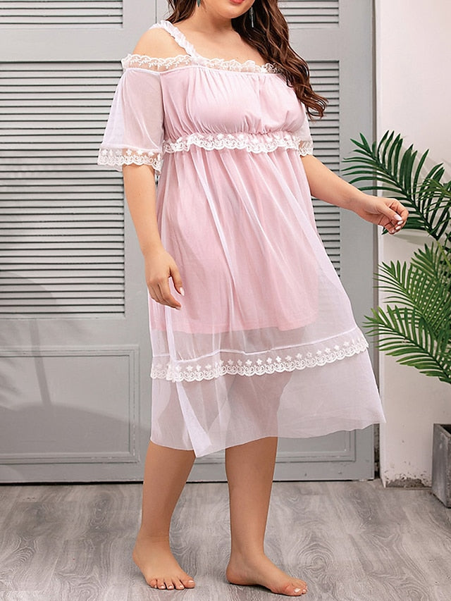 Women's Lace Sweater Dress Shift Sweater Dress Midi Sweater Dress Casual Cozy Lace Mesh Solid Colored Strap Home Lounge Pink