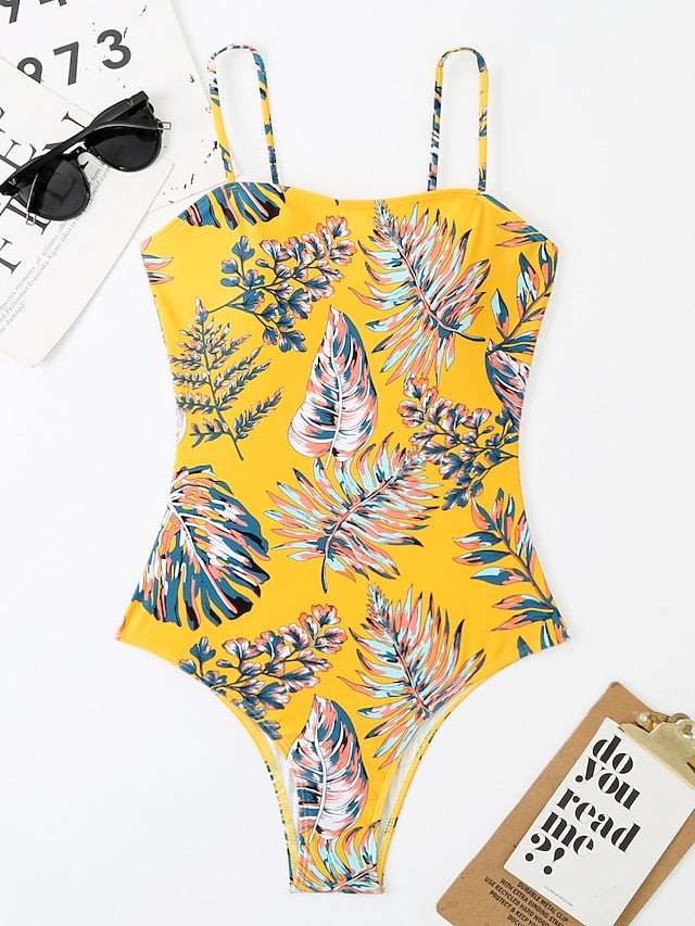Women's Swimwear One Piece Monokini Normal Swimsuit Tummy Control Slim Tie Dye Yellow Camisole Bodysuit Strap Bathing Suits New Vacation Fashion