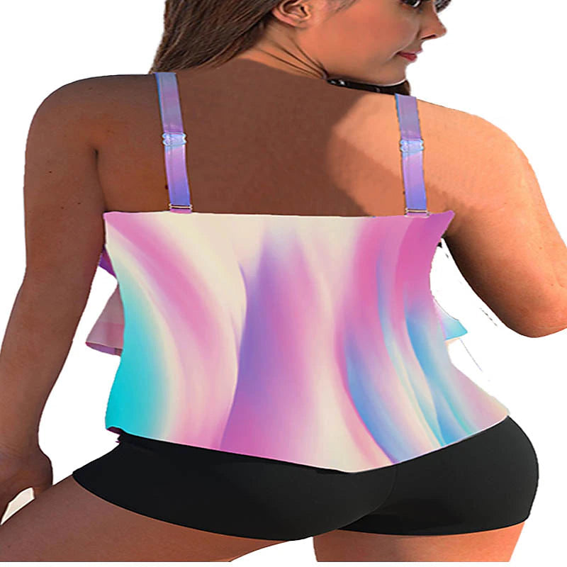 Women's Sexy Backless Tankini 2-Piece Swimsuit, Multi-Color Print, Padded Straps, Beach Vacation Wear