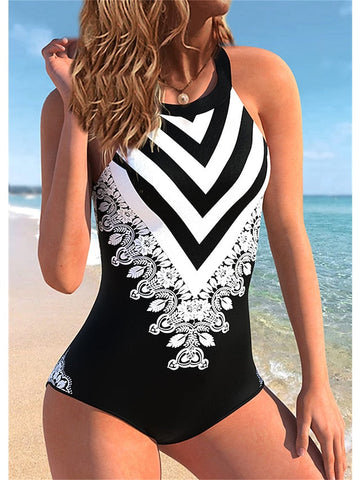 Women's Swimwear One Piece Plus Size Swimsuit Tummy Control Printing Graphic Black Bodysuit Bathing Suits Sports Summer