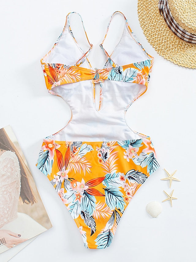 Women's Swimwear One Piece Monokini Bathing Suits trikini Normal Swimsuit Cut Out Slim Floral Print Leaf White Black Yellow Camisole Bodysuit Strap Bathing Suits New Vacation Fashion / Sexy