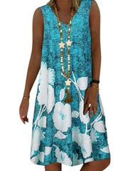 Women's Sleeveless Floral Print V Neck Casual  Knee Length Dress