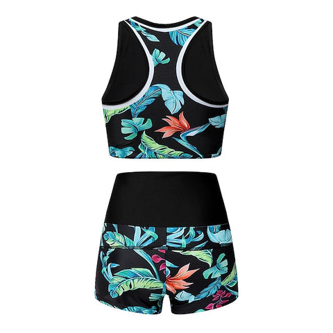 Women's Swimwear Bikini 2 Piece Normal Swimsuit Slim Print Blue leaves Bathing Suits Sports Active Vacation