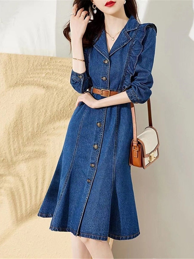 Women's Denim Midi Shirt Dress - Elegant Long Sleeve Ruffle Button for Office & Casual