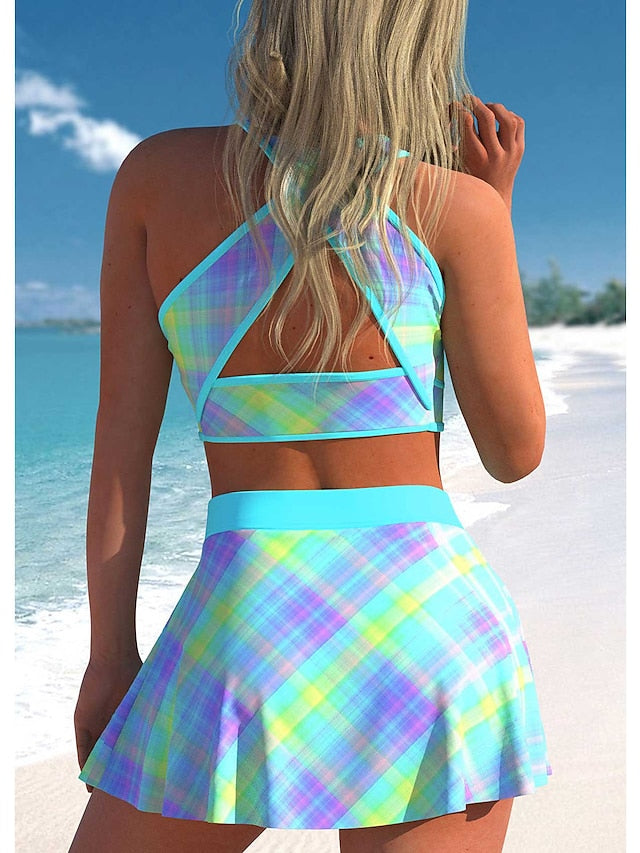 Women's Swimwear Tankini 2 Piece Plus Size Swimsuit Printing High Waisted Floral Light Blue Black Yellow Blue Purple Crop Top Bathing Suits Sports Summer
