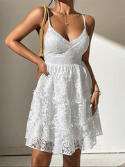 Women's Party Dress Lace Dress Homecoming Dress Mini Dress White Sleeveless Pure Color Lace Summer Spring Spaghetti Strap Fashion Wedding Guest Vacation Summer Dress