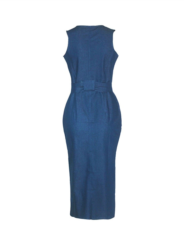 Sleeveless Women's Denim Maxi Dress - Lace-Up Bodycon for Casual & Vacation