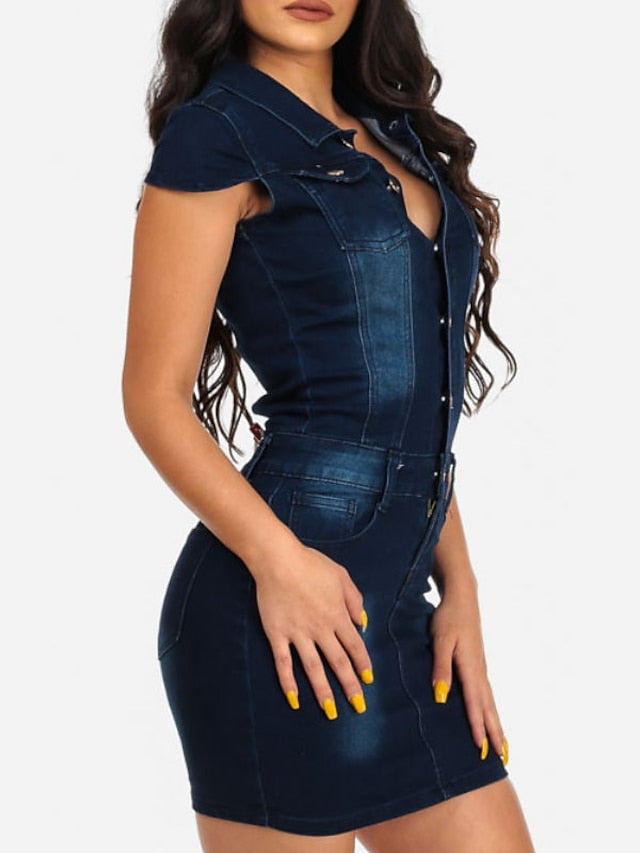 Women's Cotton Denim Mini Dress - Short Sleeve Shirt Dress with Pockets for Summer
